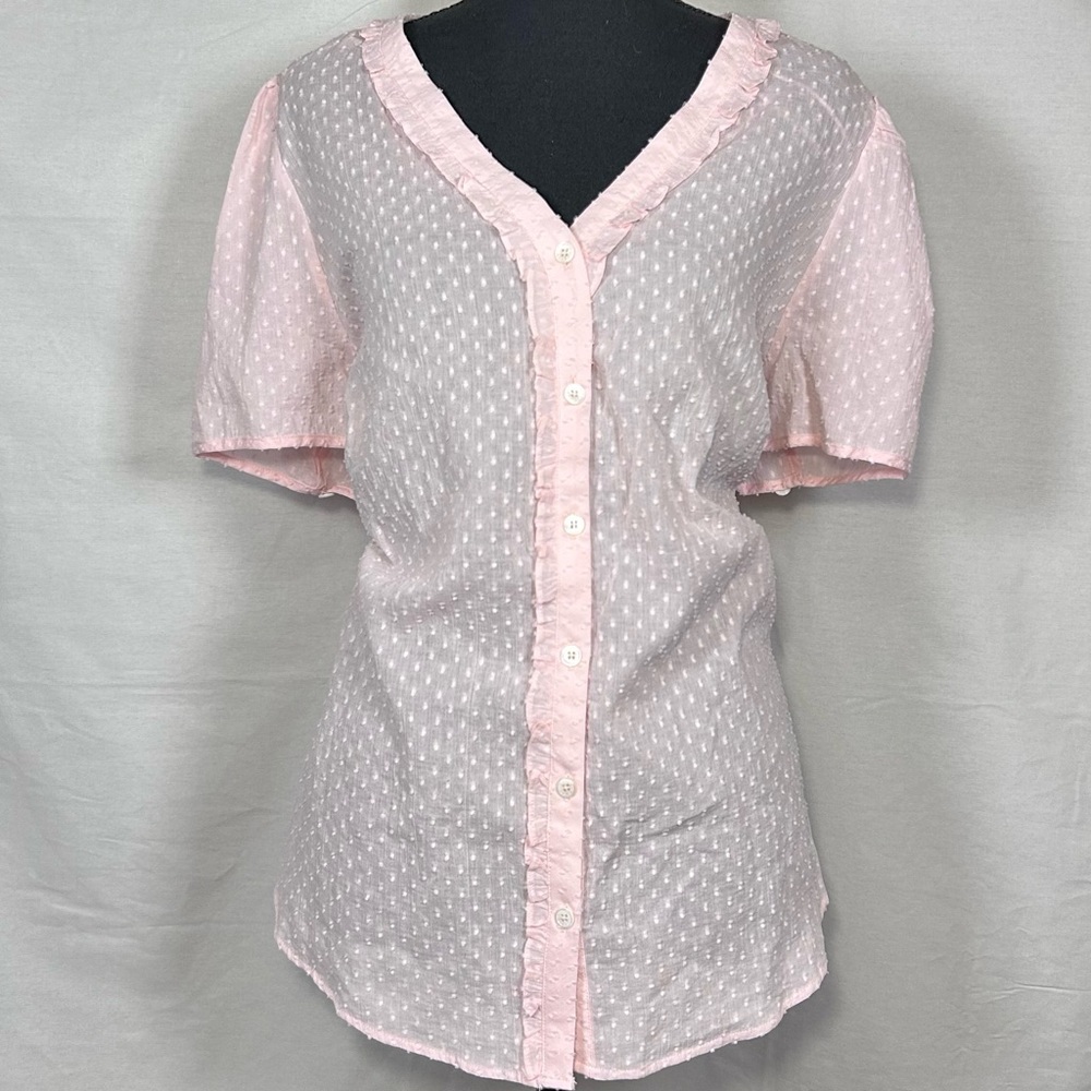 COURT & ROWE Pale Pink Swiss Dot Ruffle-Trim Button Front Blouse